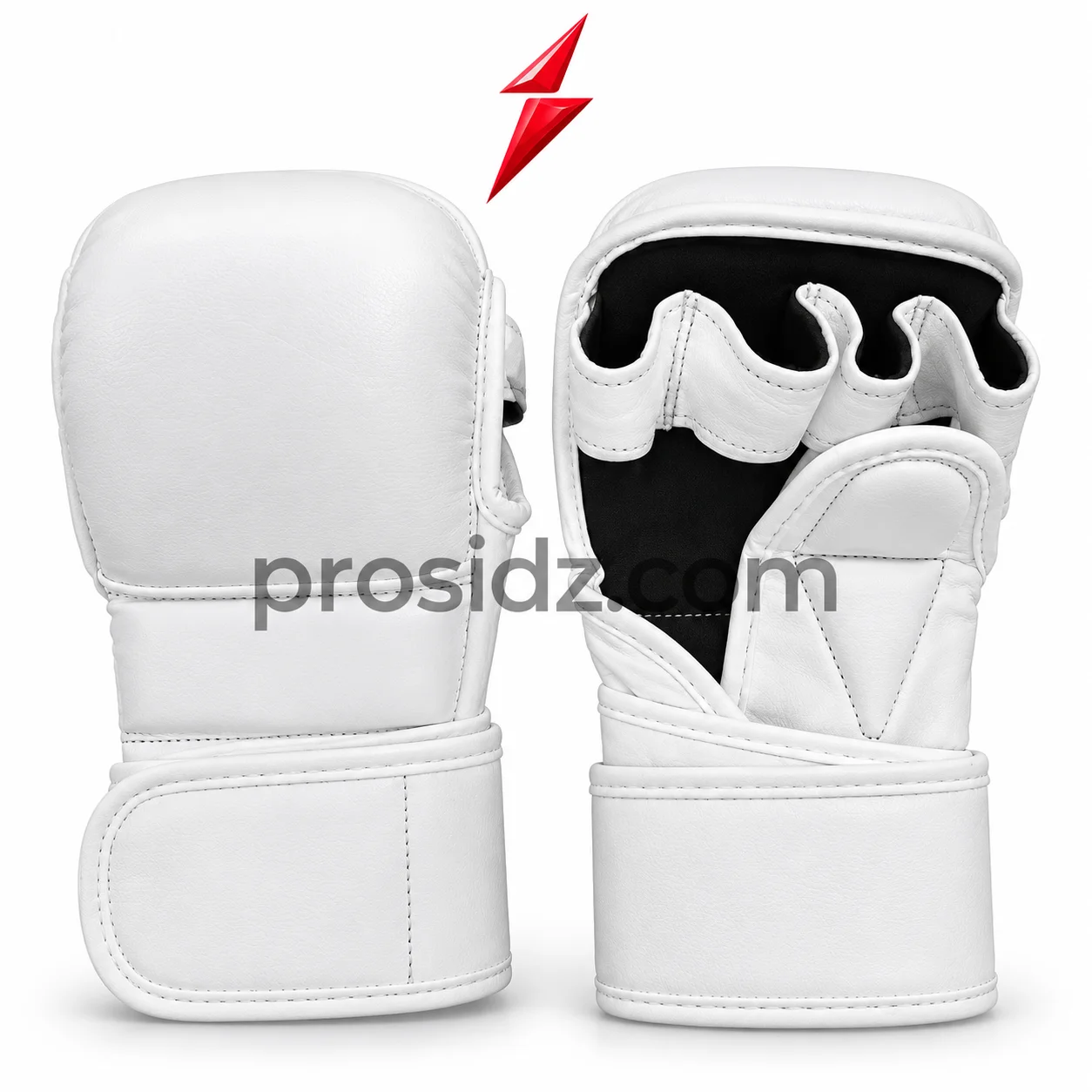 white-mma-gloves-front-view-prosidz-industries White MMA Gloves front view with padded knuckle panel and extended wrist cuff by PSI PROSIDZ Industries