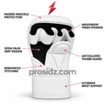 White MMA Gloves articulated thumb guard and reinforced stitching detail from PSI PROSIDZ Industries