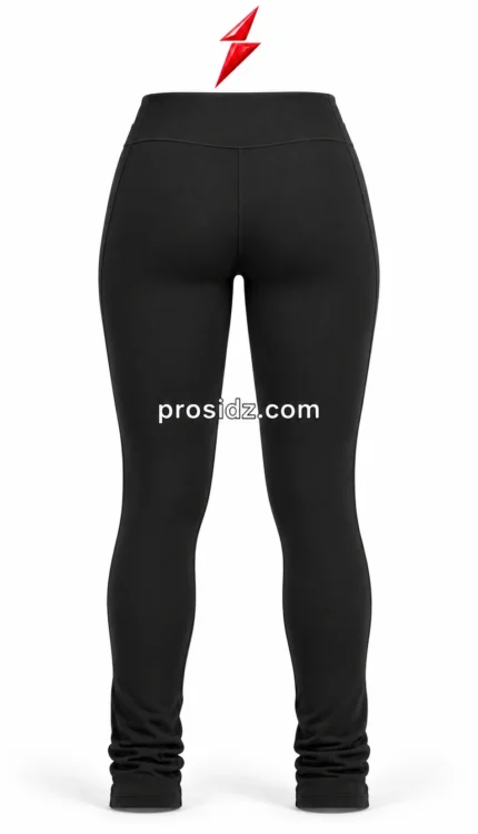 PSI prosidz industries Black Gym Leggings specification image showing the wide waistband, white thigh logo and stitched hems