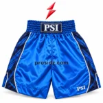 PSI Blue Boxing Shorts by Prosidz Industries with royal blue fabric, navy geometric side panels, silver piping and white serif waistband branding.