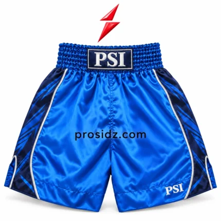 PSI Blue Boxing Shorts by Prosidz Industries with royal blue fabric, navy geometric side panels, silver piping and white serif waistband branding.