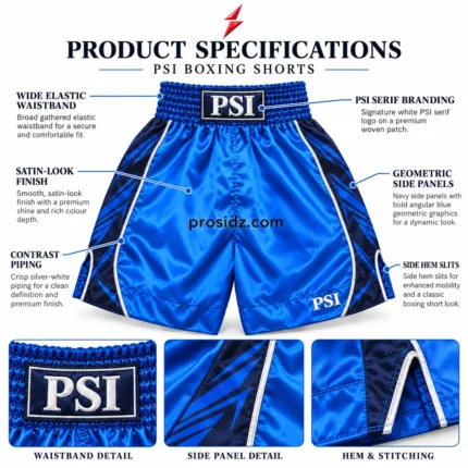 PSI Blue Boxing Shorts by Prosidz Industries with feature labels for the gathered waistband, serif branding, navy panels, piping and side hem openings