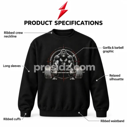 PSI / prosidz industries Bodybuilding T-Shirt in black with silver-gray gorilla and orange barbell artwork, PSI logo above and centered website watermark.