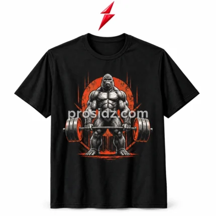 PSI / prosidz industries Bodybuilding T-Shirt in black with silver-gray gorilla and orange barbell artwork, PSI logo above and centered website watermark.