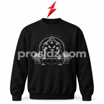 PSI / prosidz industries Bodybuilding T-Shirt specification image identifying the ribbed neckline, short sleeves, black fabric, gorilla artwork and stitched hems