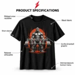 PSI / prosidz industries Bodybuilding T-Shirt specification image identifying the ribbed neckline, short sleeves, black fabric, gorilla artwork and stitched hems.