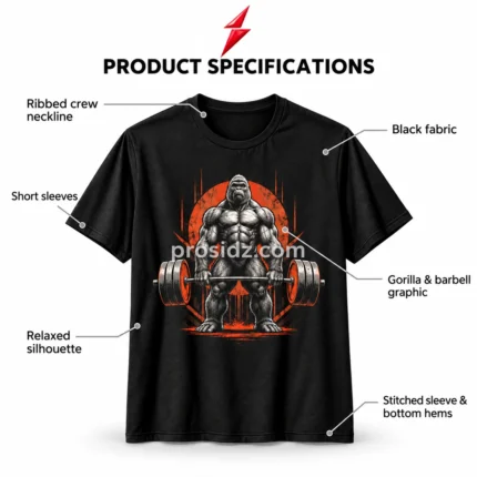 PSI / prosidz industries Bodybuilding T-Shirt specification image identifying the ribbed neckline, short sleeves, black fabric, gorilla artwork and stitched hems.