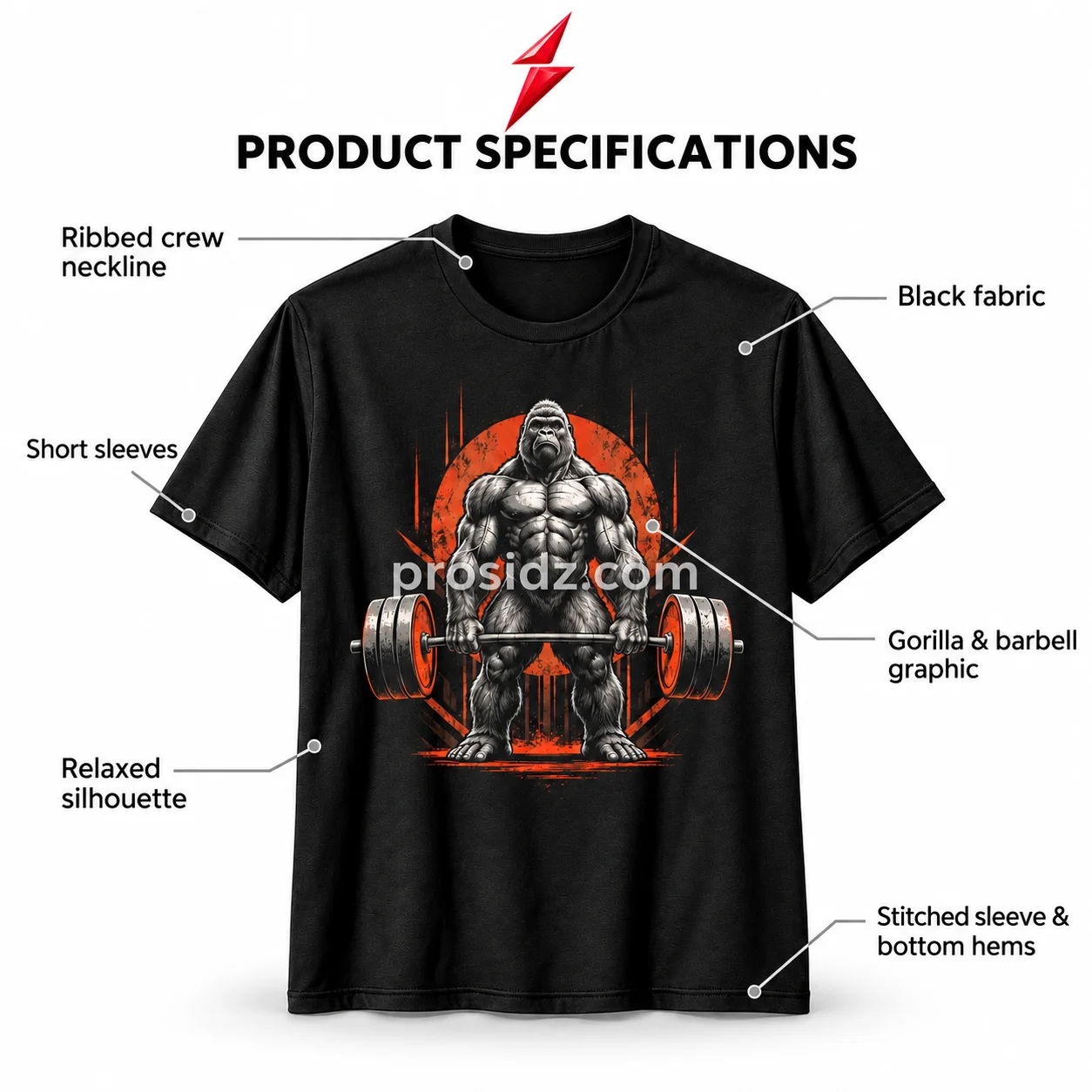 psi-prosidz-industries-bodybuilding-t-shirt-design-details PSI / prosidz industries Bodybuilding T-Shirt specification image identifying the ribbed neckline, short sleeves, black fabric, gorilla artwork and stitched hems.