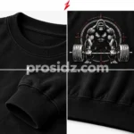 PSI / prosidz industries Bodybuilding T-Shirt four-grid close-ups showing the black ribbed collar, orange and silver gorilla print, shoulder seam and sleeve stitching.
