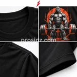 PSI / prosidz industries Bodybuilding T-Shirt four-grid close-ups showing the black ribbed collar, orange and silver gorilla print, shoulder seam and sleeve stitching.
