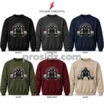 PSI / prosidz industries Bodybuilding T-Shirt concepts in black, charcoal, navy, olive, burgundy and sand with matching orange and silver-gray gorilla graphics.