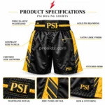PSI Boxing Shorts by Prosidz Industries with black fabric, gold-yellow side panels, charcoal chevrons, and gold serif waistband branding.