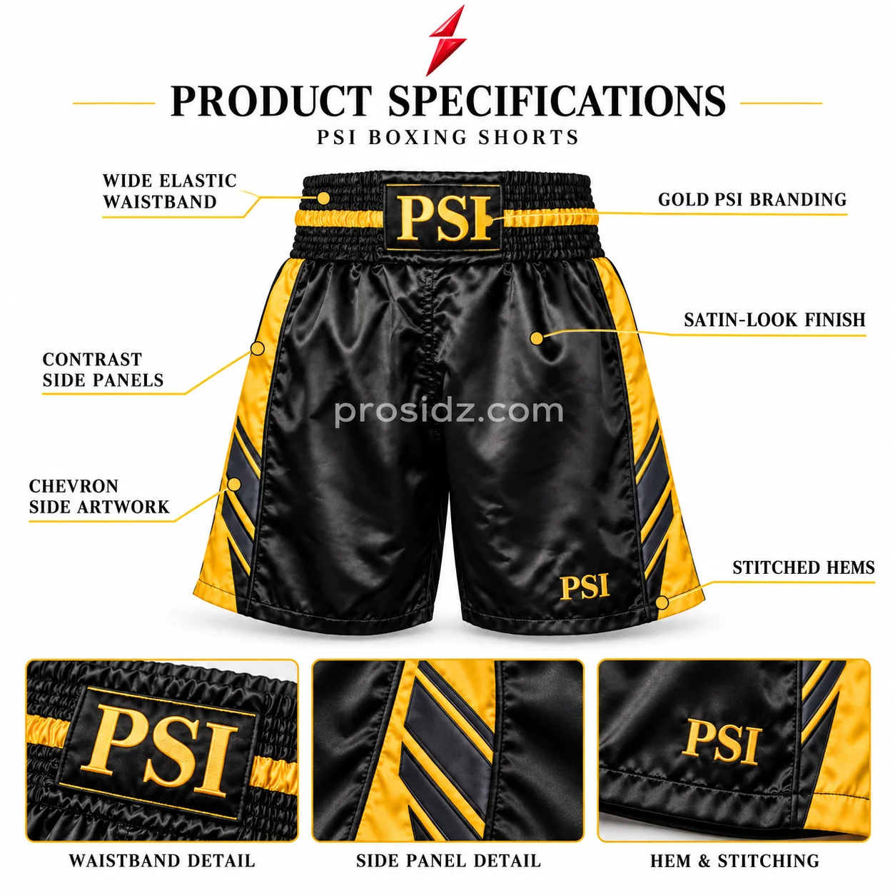 psi-prosidz-industries-boxing-shorts-angled-view PSI Boxing Shorts by Prosidz Industries with black fabric, gold-yellow side panels, charcoal chevrons, and gold serif waistband branding.