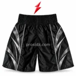 Rear-view mockup of PSI boxing shorts by Prosidz Industries with a gathered black waistband, centre seam, silver side detailing, and stitched hems.
