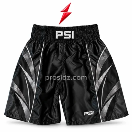 PSI boxing shorts by Prosidz Industries, front view with black satin-look fabric, silver geometric panels, stitched hems, and waistband branding.