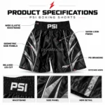 PSI boxing shorts by Prosidz Industries with labelled waistband, satin-look finish, geometric panels, branding, and stitched hem details.