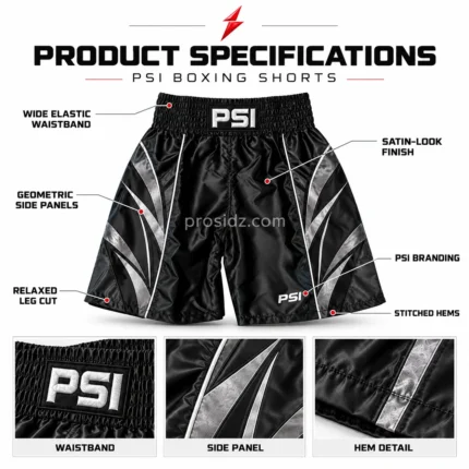 PSI boxing shorts by Prosidz Industries with labelled waistband, satin-look finish, geometric panels, branding, and stitched hem details.