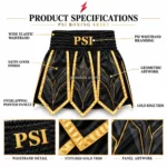 PSI Boxing Trunks by Prosidz Industries with callouts highlighting the elastic waistband, gold branding, pointed panels, geometric artwork and stitched trim.