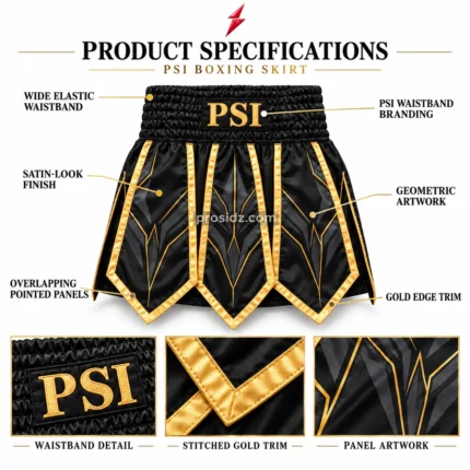 PSI Boxing Trunks by Prosidz Industries with callouts highlighting the elastic waistband, gold branding, pointed panels, geometric artwork and stitched trim.