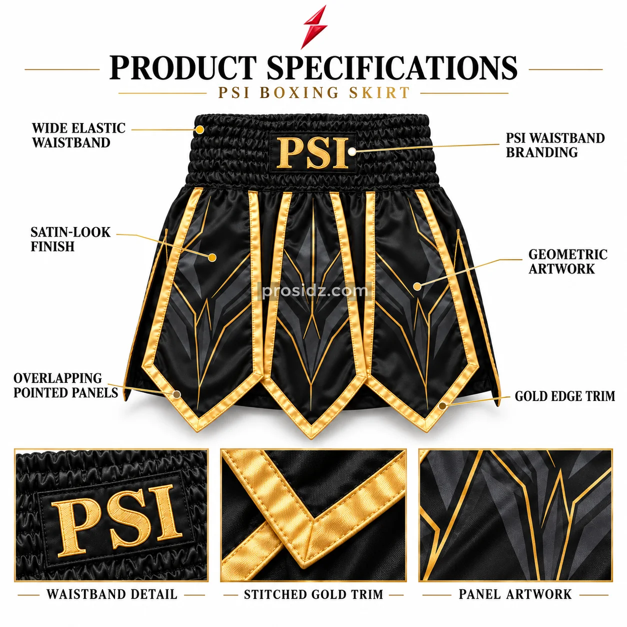psi-prosidz-industries-boxing-trunks-feature-details PSI Boxing Trunks by Prosidz Industries with callouts highlighting the elastic waistband, gold branding, pointed panels, geometric artwork and stitched trim.