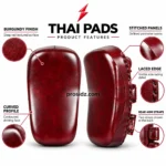 PSI and prosidz industries burgundy pad infographic highlighting curved panels, textured finish, stitched seams, side lacing, and rear straps.