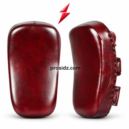 PSI and prosidz industries burgundy Muay Thai pads in front and angled views, with curved panels, side lacing, and a red logo above.