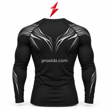 PSI by prosidz industries Compression Shirt Manufacturer specification image labeling the crew neckline, long sleeves, fitted silhouette, and geometric print.