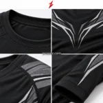 PSI by prosidz industries Compression Shirt Manufacturer four-grid close-ups showing collar stitching, chest print, shoulder seams, and cuff details.