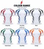PSI Prosidz Industries compression shirts with white bases and six curved accent-colour designs, arranged beneath a red PSI logo.