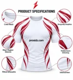 PSI Prosidz Industries compression shirts specification image with a top PSI logo and callouts for the neckline, sleeves, burgundy graphics and stitching.