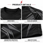 PSI Prosidz Industries compression wears four-grid close-ups of the black neckline, raglan seam, graphite print and stitched hem.