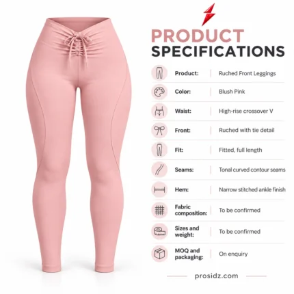 PSI prosidz industries Crossover Leggings specification image showing blush pink fabric, ruched waistband and curved contour seams
