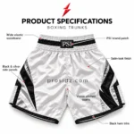 PSI Custom Boxing Shorts by prosidz industries with labeled elastic waistband, front PSI patch, satin-look finish, stitched seams and black hem trim.