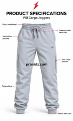 PSI prosidz industries Custom Cargo Joggers illustrated back view with gathered waistband, centre seat seam, side pockets and ribbed cuffs.