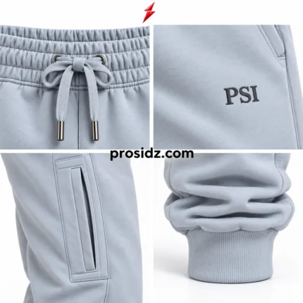 PSI prosidz industries Custom Cargo Joggers front view in cool grey with drawstring waist, side cargo pockets and red PSI emblem above.