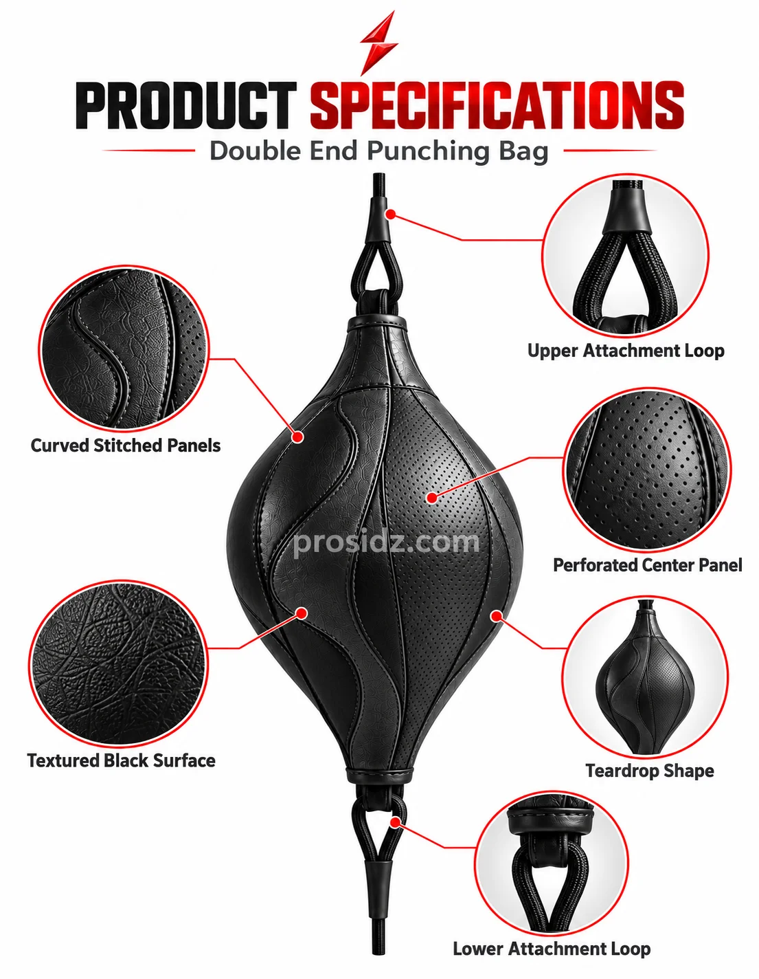 psi-prosidz-industries-double-end-bag-side-angle PSI and prosidz industries black Double End Bag side angle with curved stitched panels, a perforated-look section, and a red logo above