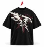PSI prosidz industries Drop Shoulder T-Shirt in black with off-white falcon artwork, burgundy accents and a red logo above.