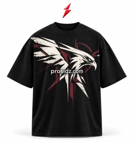 PSI prosidz industries Drop Shoulder T-Shirt in black with off-white falcon artwork, burgundy accents and a red logo above.