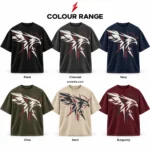 PSI prosidz industries Drop Shoulder T-Shirt colour concepts in black, charcoal, navy, olive, sand and burgundy with contrasting falcon artwork.