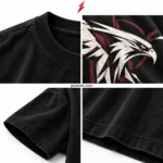 PSI prosidz industries Drop Shoulder T-Shirt close-ups showing black collar ribbing, distressed falcon print, sleeve stitching and hem.