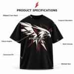 PSI prosidz industries Drop Shoulder T-Shirt specification image highlighting the ribbed neckline, oversized fit, short sleeves and stitched hem.