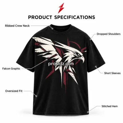 PSI prosidz industries Drop Shoulder T-Shirt specification image highlighting the ribbed neckline, oversized fit, short sleeves and stitched hem.
