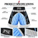 Four close-ups of PSI Fringe Boxing Shorts by Prosidz Industries showing waistband embroidery, geometric side artwork, silver seam stitching, and white fringe.