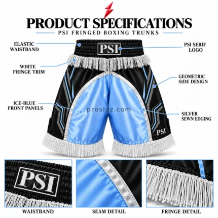 Four close-ups of PSI Fringe Boxing Shorts by Prosidz Industries showing waistband embroidery, geometric side artwork, silver seam stitching, and white fringe.
