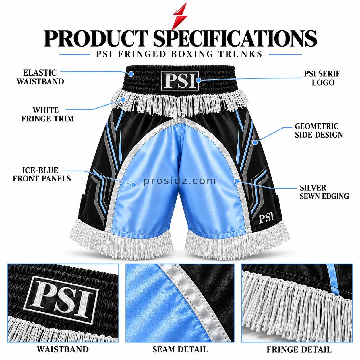 psi-prosidz-industries-fringe-boxing-shorts-detail-grid Four close-ups of PSI Fringe Boxing Shorts by Prosidz Industries showing waistband embroidery, geometric side artwork, silver seam stitching, and white fringe.