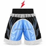 Rear-view mockup of PSI Fringe Boxing Shorts by Prosidz Industries with a plain black gathered waistband, ice-blue sections, silver edging, and white fringe.