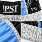 PSI Fringe Boxing Shorts by Prosidz Industries with labels highlighting the elastic waistband, serif logo, white fringe, ice-blue panels, and silver sewn edging.