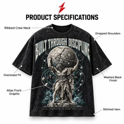 PSI prosidz industries Gym T-Shirts back view showing plain washed-black fabric, dropped shoulders, short sleeves and PSI logo above.