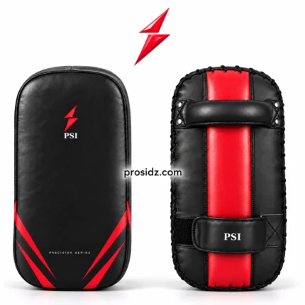 PSI Kickboxing Pads by prosidz industries in black and red, showing angular front graphics, rear handle, stitched edges, and white PSI strap lettering.