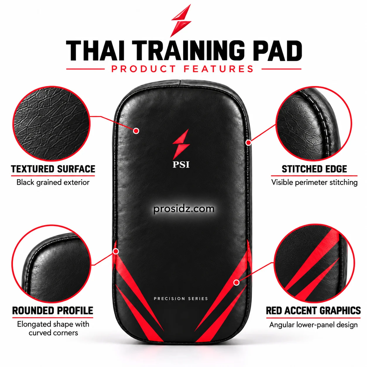 psi-prosidz-industries-kickboxing-pads-rear-handle-strap Rear detail of PSI Kickboxing Pads by prosidz industries, showing a red center panel, black padded handle, perimeter lacing, and white PSI strap branding.